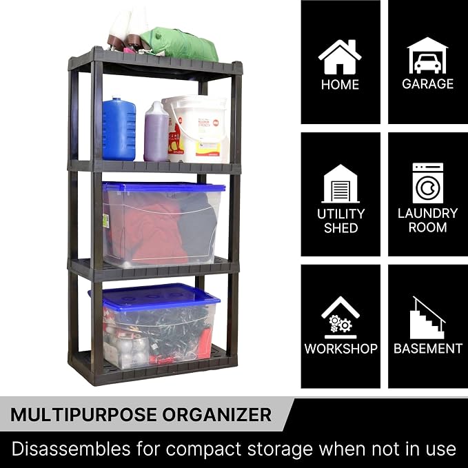 Oskar Heavy Duty Plastic Storage Shelves- for Garage, Kitchen, Bathroom Basement, Kids Room, Toys,Stackable 4-Tier Black, Organizer Rack for Books Shoes, Pantry, Cleaning and Closet Organization