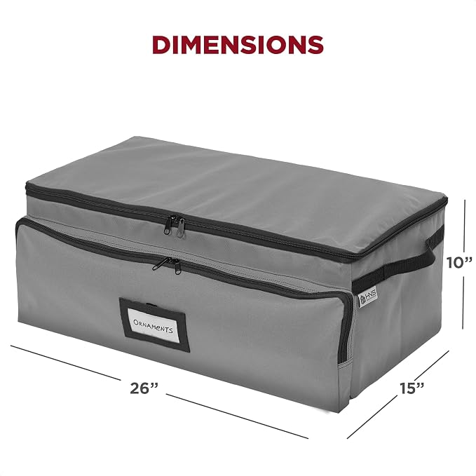 Premium Christmas Ornament Storage Box – Holds up to 72-3” Ornaments + 6 Side Slots for Figurines & Nutcrackers – Holiday Decoration Organizer – Durable 600D Grey Canvas