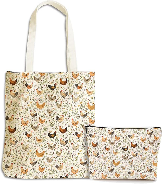 Cute Farm Animal Chicken Gifts for Women Girls Sister Chicken Lovers Mom Makeup Bag Canvas Tote Bag, Reusable Grocery Bags with Inner Pocket for Beach Camping Shopping Birthday Christmas