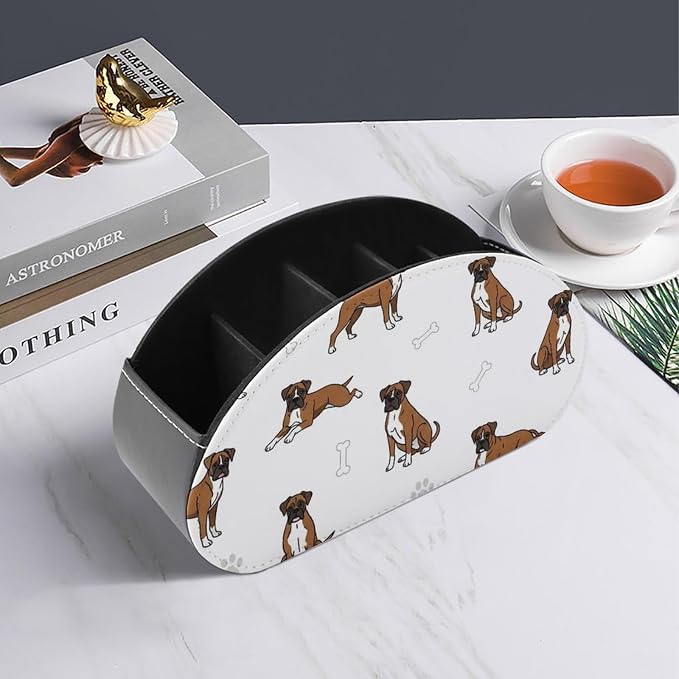TV Remote Control Holder Boxer Dog Pet Desktop Storage Caddy Box | Pu Leather Makeup Brush Organizer with 5 Compartments, Boxer Dog Pattern Dog Lover Pet, Fit for Media Player, Office Supplies