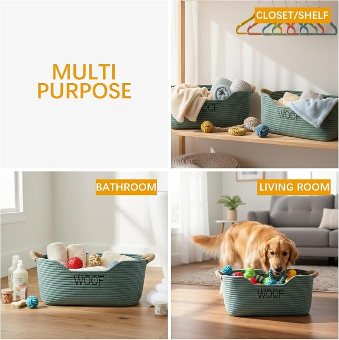 Morezi Dog toy basket 2 pieces woven dog toy bin low in front organizer storage collecting puppy combs shampoo brushes towel grooming stuff in bathroom playroom closet Green