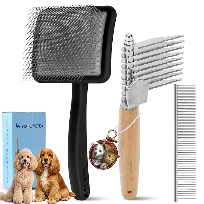 Large Slicker Brush for Dogs - Long Pin Deshedding Brush for Mats & Shedding on Long Haired Dogs, Doodles, Poodles, Goldendoodle, Labradoodle, 3pc Grooming Kits with Wooden Handle, Black