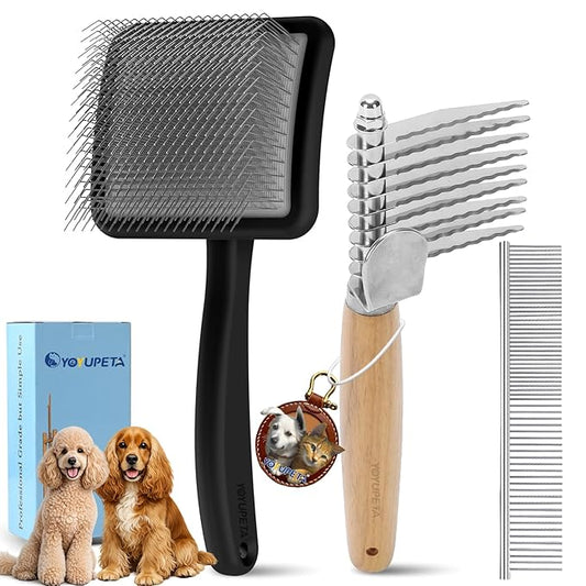 Large Slicker Brush for Dogs - Long Pin Deshedding Brush for Mats & Shedding on Long Haired Dogs, Doodles, Poodles, Goldendoodle, Labradoodle, 3pc Grooming Kits with Wooden Handle, Black