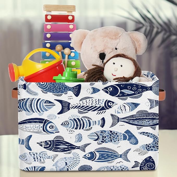 Ethnic Sea Fish Rectangular Storage Bin Collapsible Storage Basket Organizer Boxes with Leather Handle Storage Cube for Shelves Toy Laundry Nursery 2 PC
