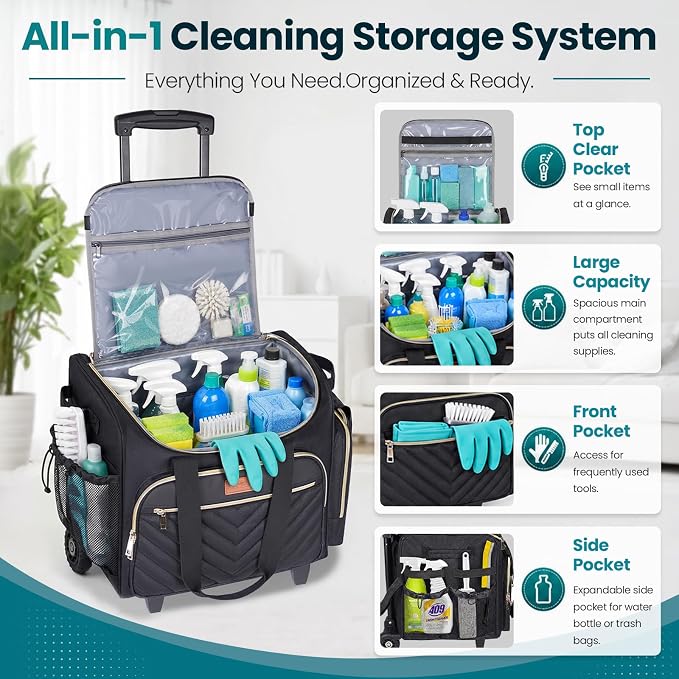 INSMEER Cleaning Caddy with Wheels,3 Removable Clear Bag and 1 Shoulder Bag | Large Cleaning Cart on Wheels,Water Resistant Cleaner Supplies Organizer with Wheels for Kitchen, Tool Organizer