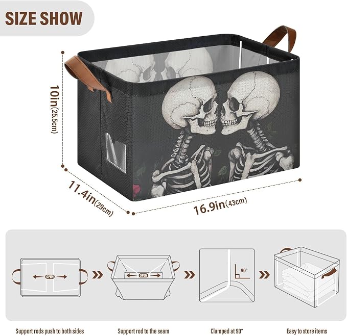 Romantic Skeleton Gothic Valentine's Day Storage Bins for Shelves with Labels&Handles Fabric Organizer Bin Foldable Rectangle Storage Basket Boxes for Closet, Bathroom, Home, Living Room