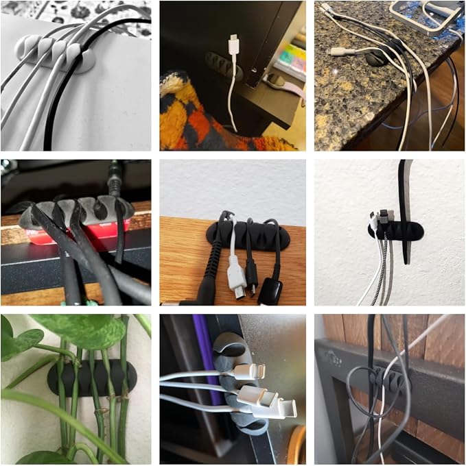 Desk Cable Management Cord Organizer, 16 Pack White Self Adhesive Cord Holder Cable Clips, Ideal Cable Organizer Wire Keeper for Desk, Nightstand, Phone Charger, Computer, Home, Office, Car