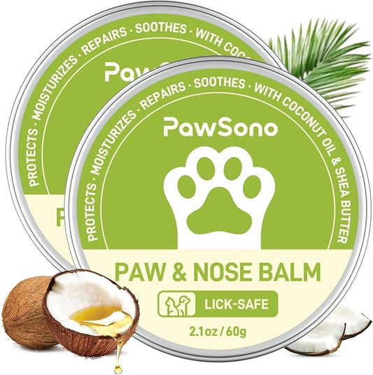 PawSono Lick-Safe Dog Paw & Nose Balm with Coconut Oil | All-Natural Moisturizer & Soother for Dry, Cracked Pads & Snout | Heat & Cold Pavement Protection Wax, Nose Butter for Bulldogs (2.1oz *2)