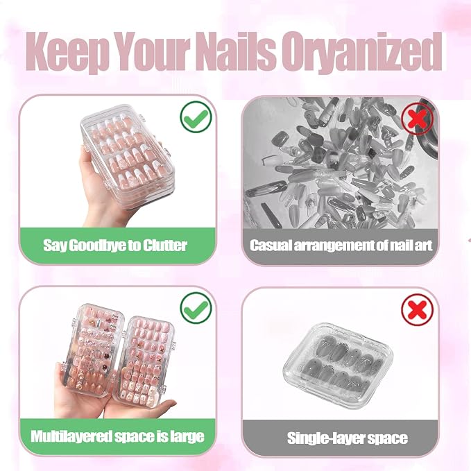 2 Pack Tri-Fold Press On Nail Organizer Case - 4-Page Portable Storage Box for Fake Nails, Clear PET Plastic Travel Holder (6×3.2×1.8 inch)