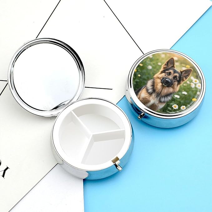 Round Small Pill Case 3 Compartment Metal Portable Travel Pillbox for Purse | Moisture Proof, Easy to Open, Fits Wallets & Pockets, Cute Pet German Shepherd Dog Pill Organizer for Vitamins Fish Oil