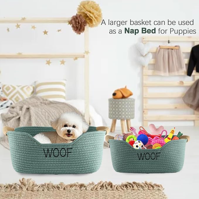 2 Pack Dog Toy Baskets,Pet Rope Basket for Dog Cat Toys,Dog Toy Bin with Handles,Woof Puppy Toy Storage Basket,Puppy Bed,Dog Stuff Organizer for Toys,Collar,Leash,Nursing Supplies-Green