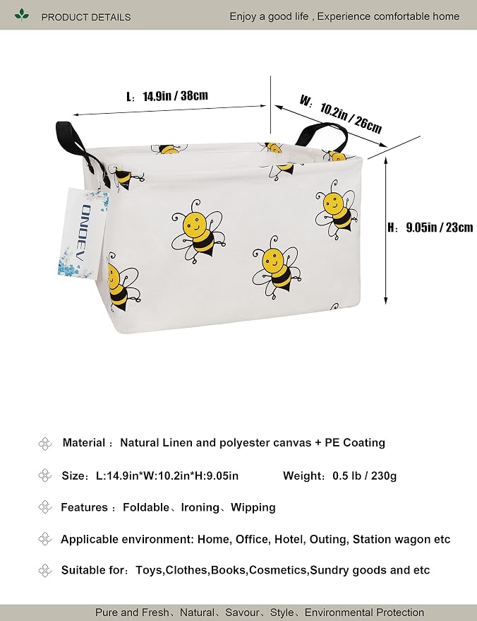 Rectangular Fabric Storage Bin, Foldable Bee print Basket | Damp-proof canvas with reinforced stitched handles.Great for clothes,books & sundries in closets,playrooms,laundry rooms.