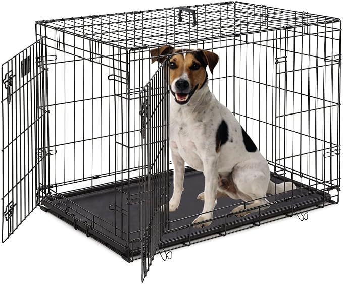 Dopinmin 42 Inches Dog Crate Double Door Pet Crate Black | Folding Metal Wire Dog Cage with Divider Panel Leak-Proof Plastic Pan Indoor Outdoor Pet Crates for Medium & Large Breed Pet