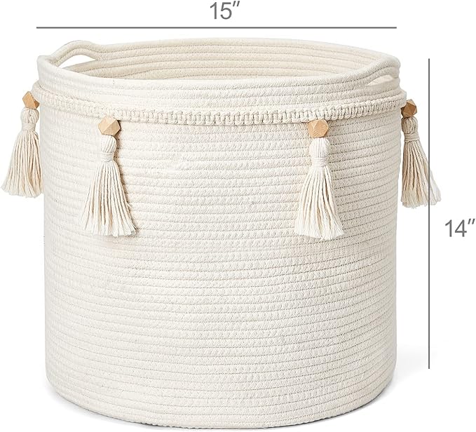 Mkono Macrame Decorative Cotton Rope Basket Boho Cute Woven Tassel Closet Storage Bins Organizer for Nursery,Baby Toys,Blankets,Magazines, Potted Plants Cover,Living Room,Bedroom Home Decor 15"x 14"