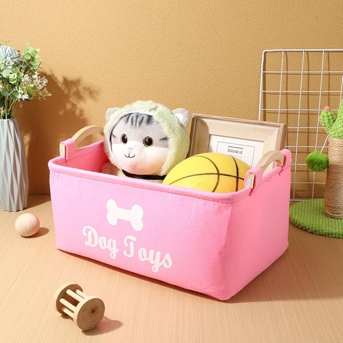Felt Pet Toy Storage Box with Wooden Handles Lightweight Portable Organizer Bin for Household Pet Toys and Sundries 15.35X11.02X6.69 Inch Foldable Storage Container