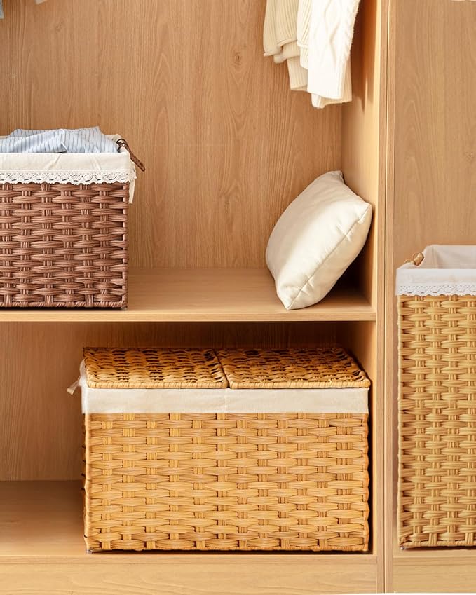 SETVSON Storage Basket with Lid, 2-Lid PE Rattan Storage Bin, Natural | 105L Storage Bin with 2 Separate Lids, 2 Removable Liners for Clothes & Blankets, Sturdy Metal Frame, PE Rattan