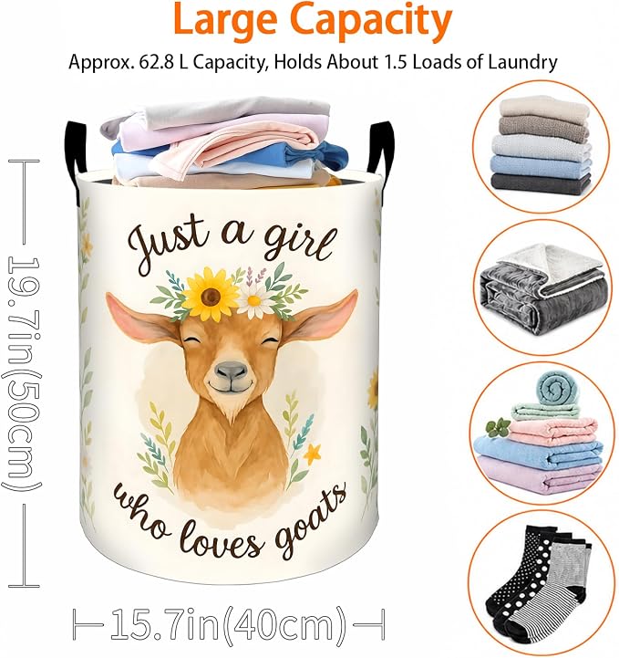 Goat Floral Laundry Basket, Cute Farm Animal Flower Oxford Cloth Dirty Clothes Collapsible Hamper for Room Decor, Country Gifts, Toy Organizer 19.7 x 15.7 Inches for Bedroom Bathroom Dorm