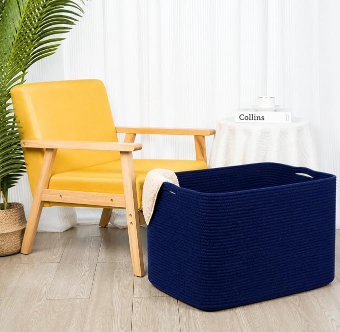 112L Extra Large Blanket Basket Holder Living Room, 25"x17"x16" Rectangle Rope Woven Storage Basket with Handles for Laundry, Towels, Shoes, Dog Toy Organizer Bin Box, Full Navy
