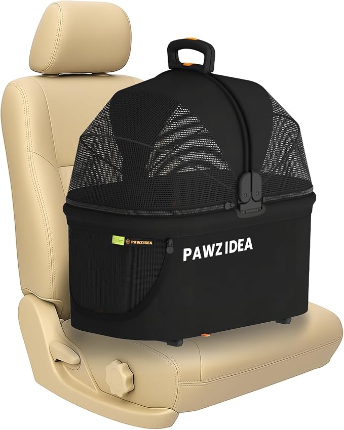 PAWZIDEA Portable Small Dog Crate for Car Travel Up to 33lbs, No-Zip Canopy | Enclosed Dog Car Seat Escape-Proof, Soft-Sided Small Medium Puppy Cats Car Kennel, Foldable Pet Carrier by Seatbelt, Top-Load