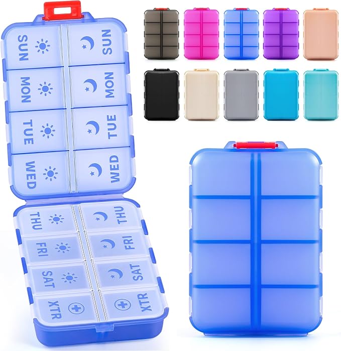 Foldable Weekly Pill Organizer 2 Times a Day with 2 Extra Compartments - Etched Labels - Portable 7 Day AM PM Medicine Box, Week Daily Travel Pill Case Holder for Meds, Vitamin, Supplement -Clear Blue