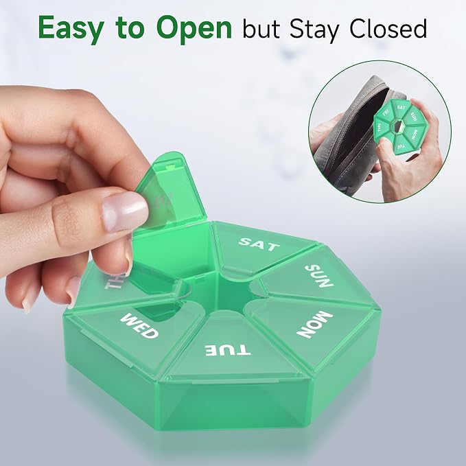 Weekly Pill Organizer, 2 Pack Portable Travel Pill Box, 7 Day Pill Case | Easy Open, BPA-Free, Arthritis Friendly Medicine Pill Container, Medicine Case for Vitamins,Supplements Medications, Cyan