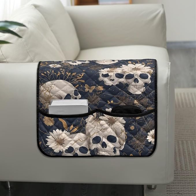 Skull Daisy Stretch Sofa Armrest Covers Arm Cover for Chairs Anti-Slip Couch Armrest Covers with 2 Pockets Furniture Armrests Protector for Sofa Couch Chair Recliner