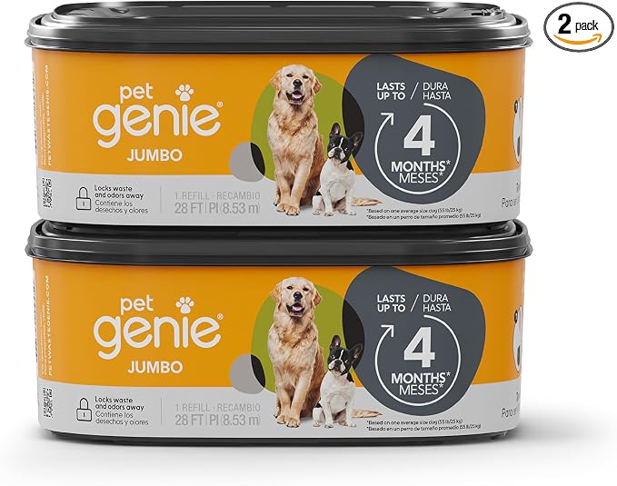 Pet Genie Refill Bags | Jumbo 2-Pack, 56 Total ft | Up to 8 Months of Supply in 2 cartridges | Ultimate Odor Control Dog Poop Bags