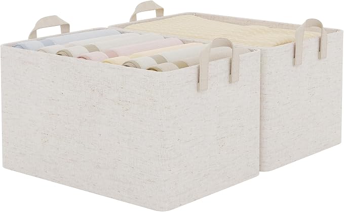 StorageWorks Linen Closet Storage Bins, 45L Storage Baskets, Beige, 2-Pack | Extra Large, With Reinforced PU Handles, Metal Frame, Collapsible Basket for Shelves, Closet, Holds Clothes, Towels, Blankets