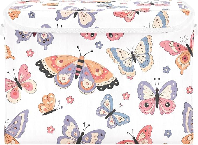 Butterfly Fabric Storage Bins with Lid Foldable Storage Boxes 40L Baskets | Decorative Storage Boxes, Dust-Proof Flip Top, Reinforced Handles, For Home & Bedroom, Clothes & Toy Box, Oxford Fabric Print