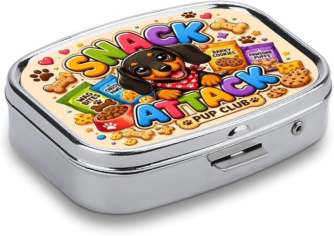 Snack Pup Party Fun Two Compartment Pill Box Medicine Organizer, Portable Pill Case with Secure Snap Closure for Vitamins Medication Supplements Daily Use