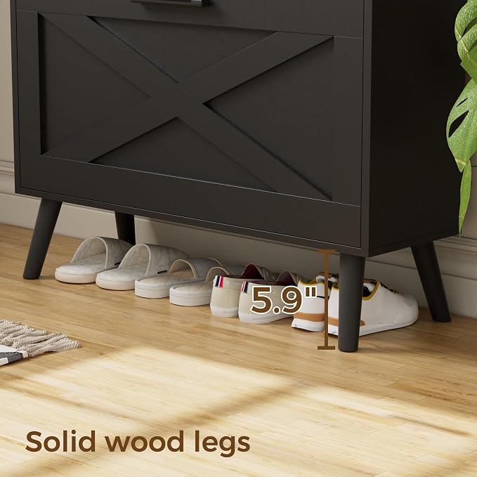 Homleke Farmhouse Shoe Storage Cabinet with Flip Drawers & Barn Door Design | Slim Narrow Shoe Rack Cabinet with Adjustable Shelves & Hidden Storage for Entryway, Foyer, Hallway, Living Room, Black