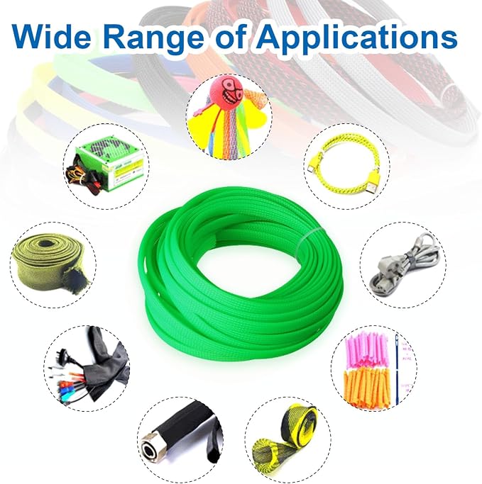Heyiarbeit 10m/32.8ft PET Expandable Braid Cable Sleeving Flexible Wire Mesh Sleeve Fluorescent Green 8mm