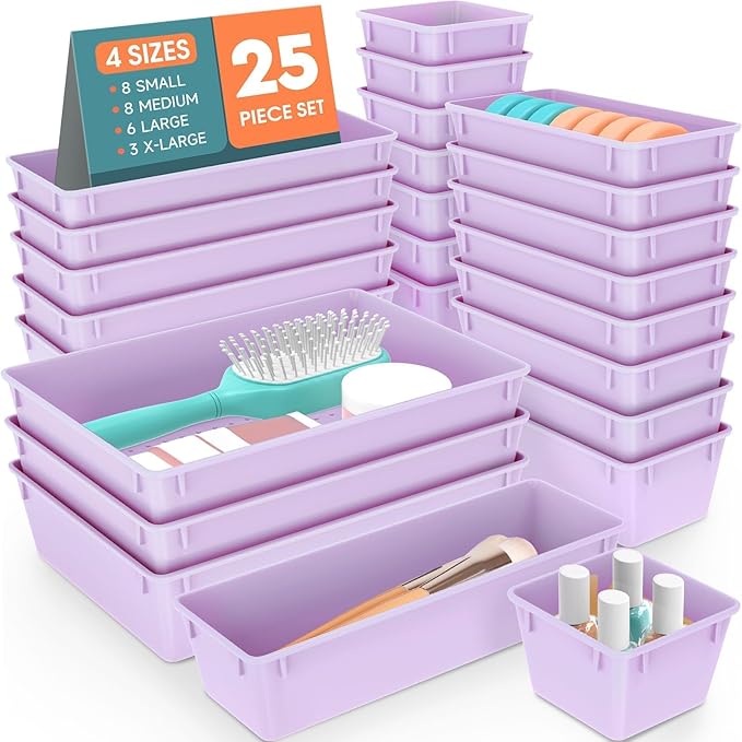 SpaceHacks 25 PCS Plastic Drawer Organizer, 4-Size Versatile Organizer Trays & storage Bins