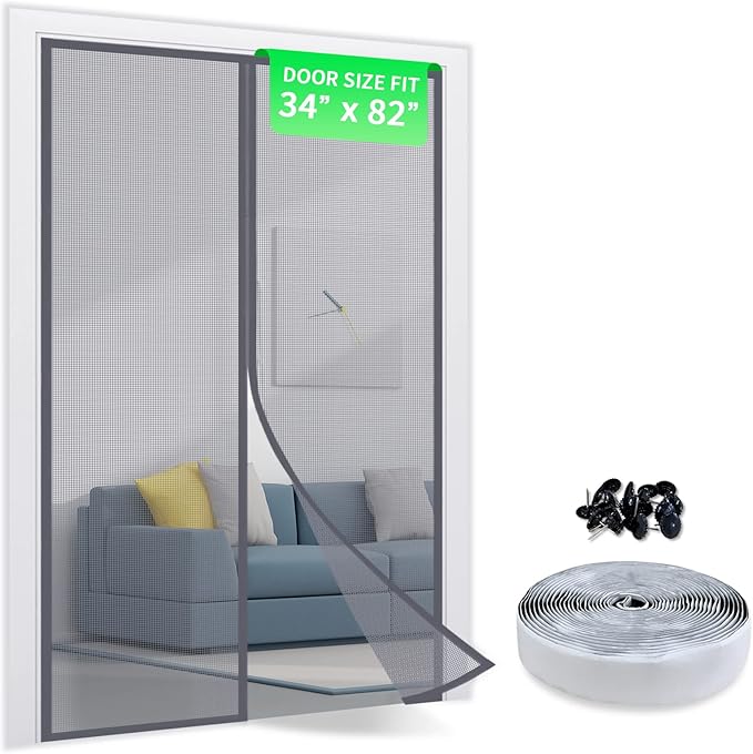 TheFitLife Fibreglass Magnetic Screen Door, Heavy Duty Mesh Curtain | 36"x83" - Fits Doors up to 34"x82" Max, Gray, with Full Frame Hook & Loop Powerful Magnets, Pet & Kid Friendly, Hands Free