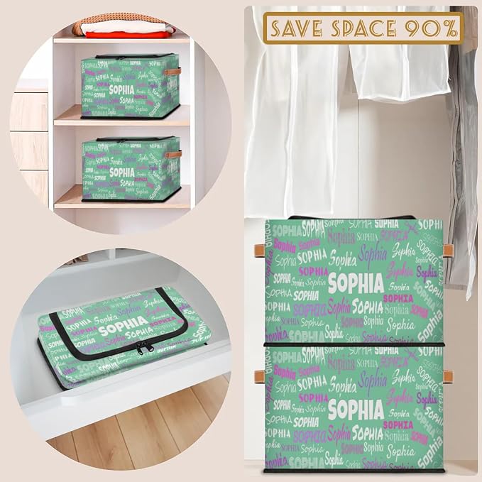 Personalized Kids Toy Box with Name, Custom Nursery Baskets Cubes Box with Zipper Lid, Kids Custom Storage Basket Laundry Baskets Organizer with Handles, Light Green Solid Color