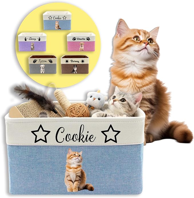 Personalized Dog Toy Storage Basket with Photo Name | Custom Dog Food Organizer Fabric Bins for Clothes Blankets Dolls-Blue