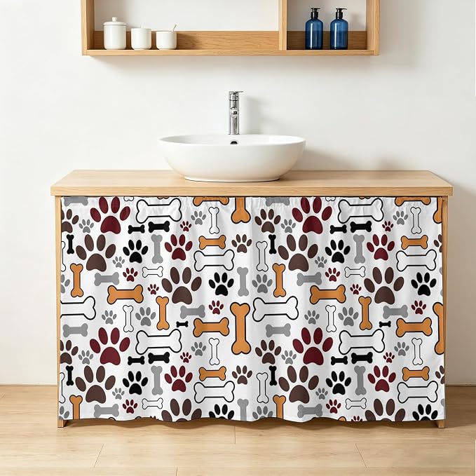 Dog Claws Cabinet Curtains 28"x51" Sink Skirt for Bathroom Kitchen, Pet Cat Cartoon Cute Animal Bone Pawprints Self Stick Adhesive Under Desk Covers Tall Laundry Cabinet Storage Organizer