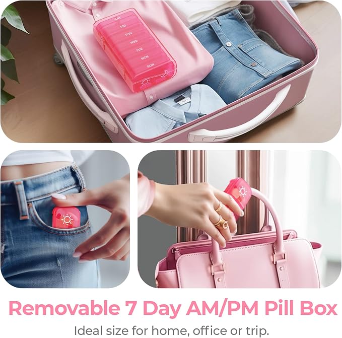 AUVON Weekly Pill Organizer 2 Times a Day, One-Side Large Opening, Easy‑Use | XL AM PM Pill Case, Travel Pill Box 7 Day, Medication Organizer for Medications, Vitamins, Fish Oils, Supplements, Pink