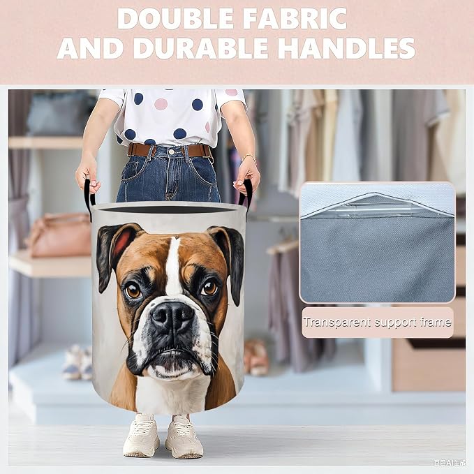 Boxer Dog Laundry Basket Hamper 19.7"x15.8", Organizer Bins Gifts for Kids Boys Girls, Cute Boxer Puppy Foldable Waterproof Oxford Clothes Storage Bucket for Bedroom Bathroom Decor