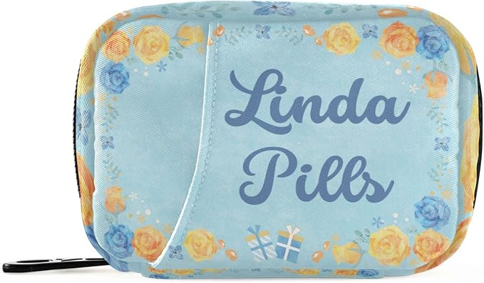 Custom Pill Box 7 Day Pill Case Bag Blue Yellow Flower Personalized Name Travel Pill Organizer Bag with Zipper Portable Weekly Case Compact Size for Vitamin Supplement Holder
