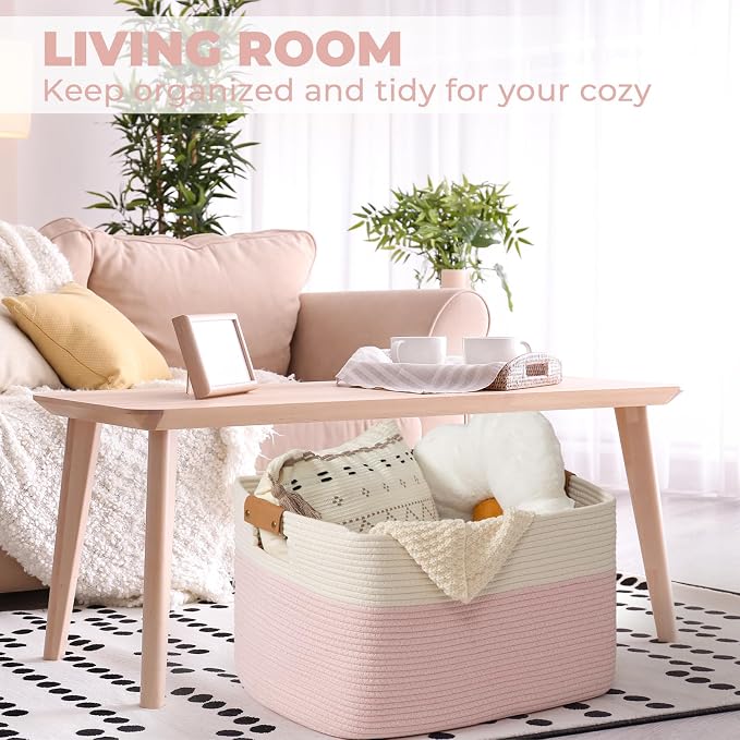 danpinera Large Woven Basket 25’’*16’’*16’’ Rectangle Woven Baskets for Storage, Storage for Living Room, Soft Cotton Rope Basket With Handle, Large Basket for Kids Dog Toys, 108L Pink+White