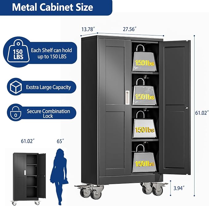 Ckzbx Metal Garage Storage Cabinet with Locking Doors and Adjustable Shelves,61" H Rolling Tool Storage with Wheels for Garage,Office (Black)
