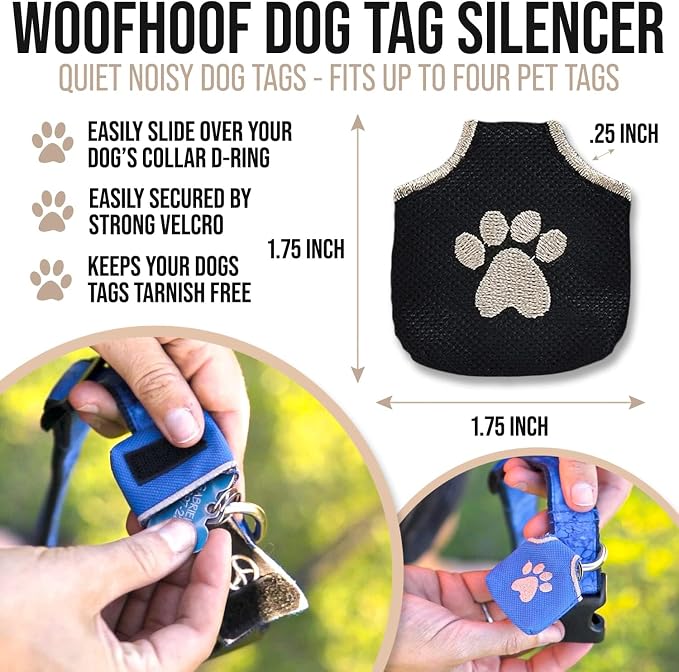 Woofhoof Dog Tag Silencer, Black Pawprint - Quiet Noisy Pet Tags - Fits Up to Four Pet IDs - Dog Tag Cover Protects Metal Pets IDs, Made of Durable Nylon, Universal Fit, Machine Washable