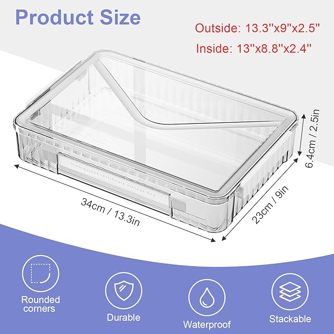 Marte Vanci Plastic Storage Bin with Lid Portable Project Case with Handle Clear Storage Box File Document Protector Stackable Container for A4 Letter Paper Photo Craft Scrapbook（White Handle）