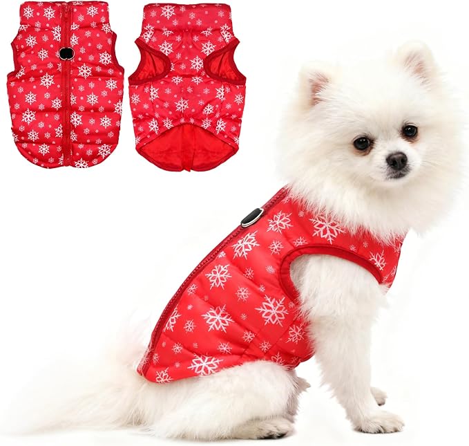 Idepet Pet Dog Cat Coat with Leash Anchor Color Patchwork Padded Puppy Vest Jacket Teddy Chihuahua Costumes Pug Cloth XS S M L(X-Small,Red-Snowflake)