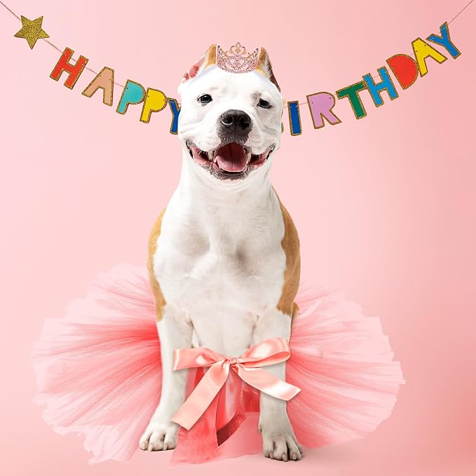 2 Pcs Dog Crown Headband Dog Tutu Dress Set Crystal Rhinestone Tiara Crown Tutu Skirt Pet Dress Costume for Puppy Birthday Party Wedding Photo Prop Costume