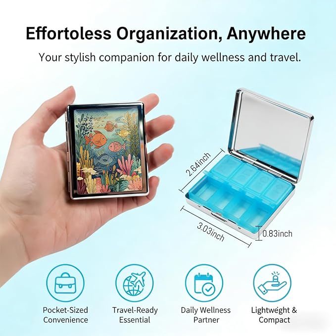 Weekly Pill Organizer, Metal Pill Box with 8 Compartments, Small Travel Pill Case for Purse Pocket, Medicine Vitamin Supplement Organizer (Ocean Fish)