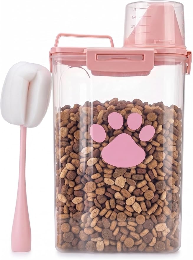 Dog Storage Container with Cleaning Brush and Measuring Cup | Airtight Portable Pet Food Containers with Upgraded Large Spout and Cup for Dogs,Cats,Birds,Small Animals(Pink)