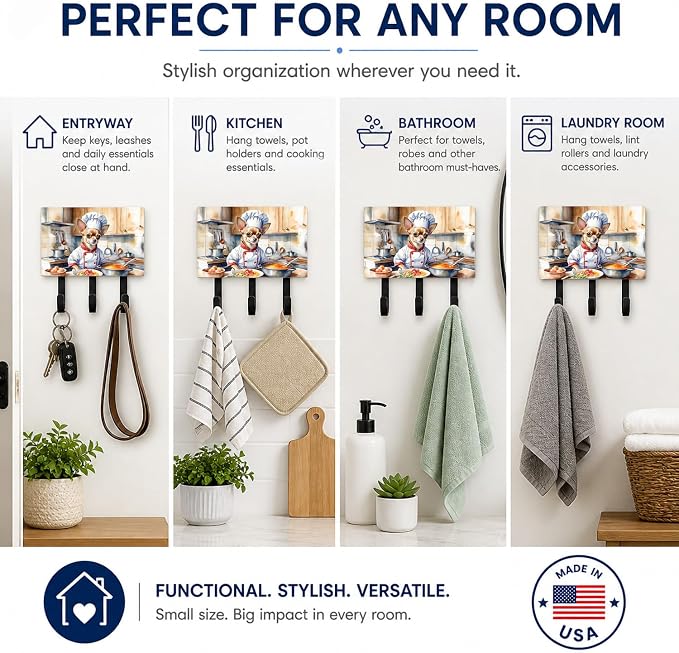 Caroline's Treasures Chihuahua The Chef Leash or Key Holder Wall Hooks, Key Hooks Holder, Coat Rack Wall Mount, Coat Hooks, Hooks for Hanging Keys, Towels, Aprons, Leashes | Chihuahua The Chef artwork on ceramic tile with three steel hooks for keys, le...