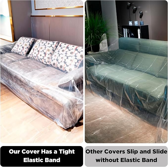 Plastic Couch Cover Furniture Cover with Elastic Band, Clear Sofa Cover Protector for Moving and Storage, Waterproof & Dustproof Moving Bags for Couch Slipcover 92W x 42D x 42H Inches (Sofa)